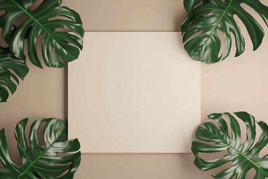 Minimalist background with green tropical leaves framing a beige blank canvas.