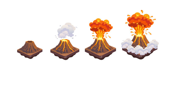 Isometric vector illustration showing four stages of a volcano eruption with smoke, lava, and fire.