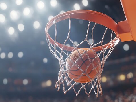 Basketball scoring through a net in a stadium under bright lights.