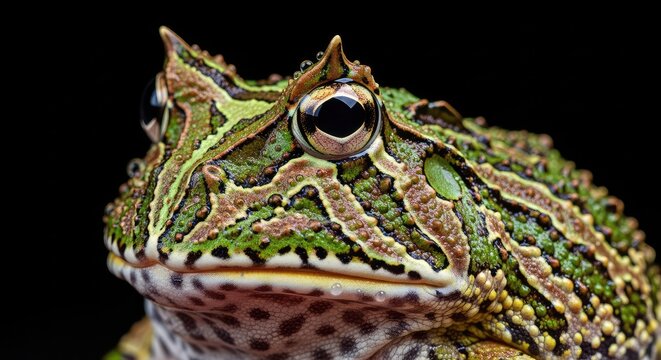 Macro Portrait of a Colorful Argentine Horned Frog or Pacman Frog with Detailed Skin Texture on Black Background