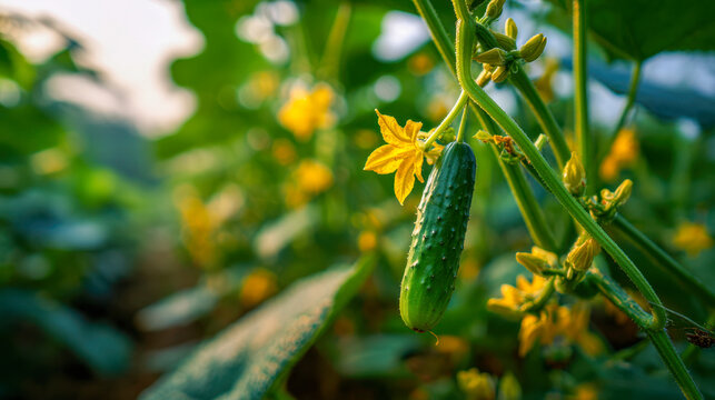 Fresh green cucumber growing on vine with vibrant yellow blossoms in a sunlit garden during early morning hours