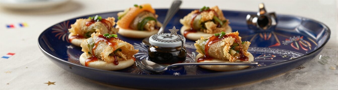 Appetizer bites plated on blue ceramic plate at table