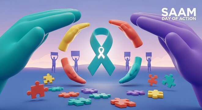 SAAM Day of Action 3D illustration with hands, puzzle pieces, and advocacy