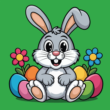 Cute Easter Bunny Sitting with Colorful Eggs &ndash; Cartoon Illustration