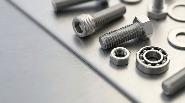 Industrial metal bolts and nuts on steel surface, Stainless steel mechanical hardware components, Close up of shiny metal screw and ball bearing