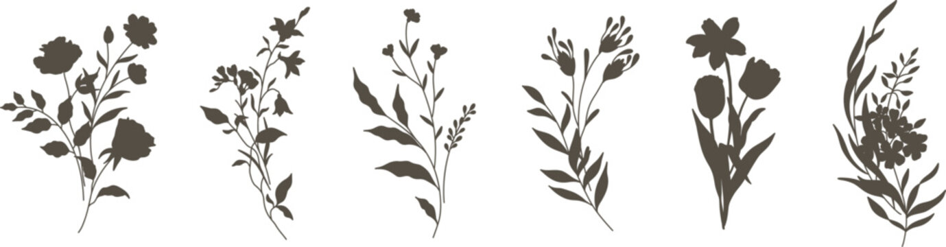 Black isolated silhouettes of bouquets of flowers, branches and leaves. Hand drawn vector botanical elements