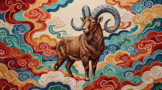 2027 Goat Year Beautiful oriental needlework depicting a mountain goat with long blue horns and multicolored auspicious cloud symbols