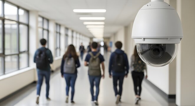 Dome security camera monitors students in a school hallway, ensuring safety and surveillance