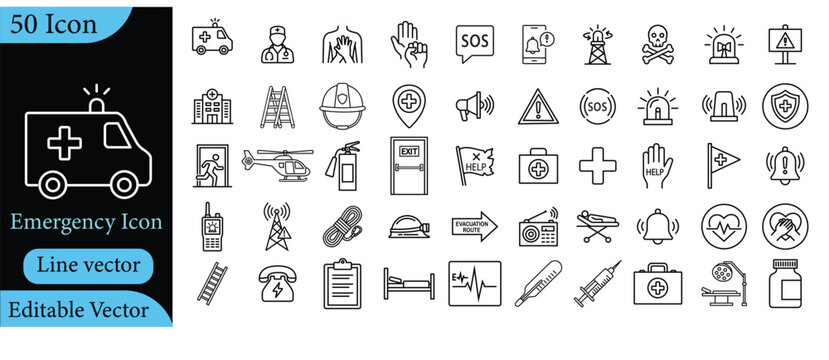 Emergency Line Icons Set &ndash; 50 Editable Medical, Rescue, Safety and Alert Outline Vector Icons Isolated on White Background