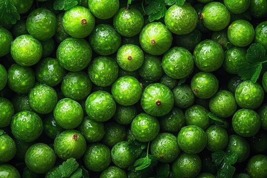 Gooseberries close up. Green gooseberries with raindrops. Berry