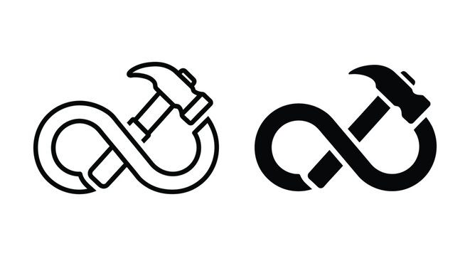 Infinity hammer icon, infinite loop with a hammer tool, concept of continuous improvement and repair
