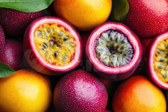 Passion fruit close up. Purple passion fruit with seeds. Exotic fruit top view