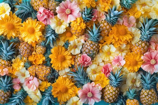Yellow pineapples on background of flowers. Decorative pineapples and bright colored flowers. Exotic fruits