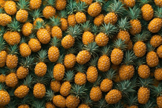 Pineapples on green background. Pineapples top view. Exotic fruits