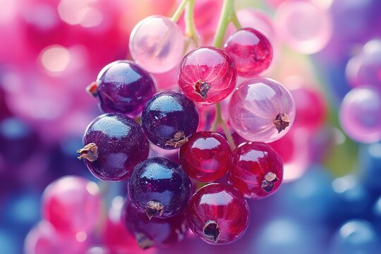 Red and dark currants on bunch. Currants in the ripening stage close-up.