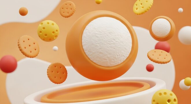 Happy National Cheeseball Day 3D illustration with floating cheese puffs and crackers