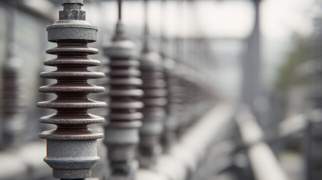 Electrical insulator components in a substation forming a repetitive pattern with blurred background emphasizing industrial power infrastructure and technology