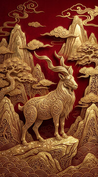 2027 Goat Year Golden Chinese Zodiac Goat Year Illustration with Intricate Paper Cut Style and Red Background