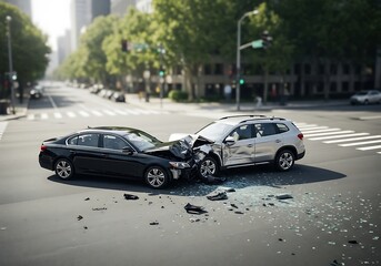 Fototapeta premium Damaged cars crashed on city street with broken glass debris