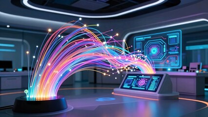 Fototapeta premium High Speed Fiber Optic Data Transmission with Glowing Neon Cables in Futuristic Server Room, AI Generated Image