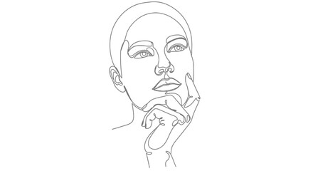 Naklejka premium Minimalist Line Art Portrait of a Woman's Face with Hand on Chin