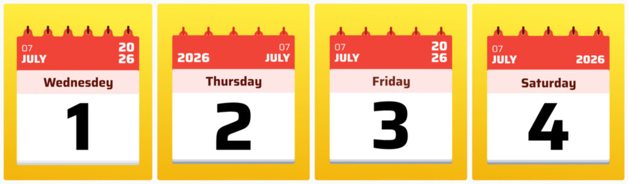 Colorful July 2026 daily schedule vector featuring dates 1, 2, 3, and 4. Excellent for modern time management graphics, daily reminder templates, and corporate planners