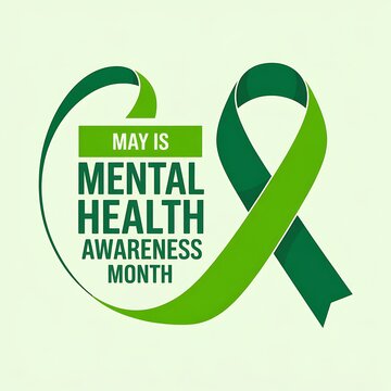 May is mental health awareness month green ribbon forming heart shape promoting wellbeing and support campaign.