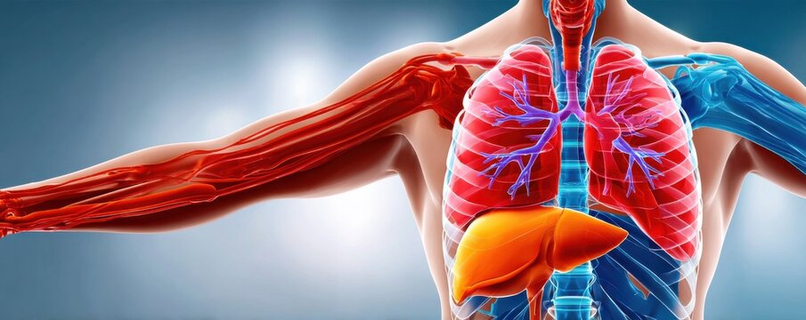 Anatomical illustration of the human rib cage, lungs, and liver in a detailed 3D render