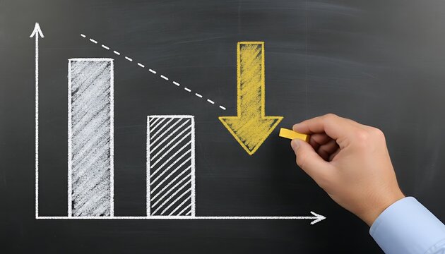 Hand drawing decreasing bar graph with yellow downward arrow on blackboard symbolizing financial loss and economic recession