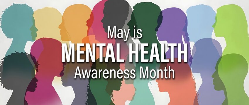 May is mental health awareness month diverse faces background mental wellness campaign inclusivity support advocacy understanding community empathy care people of color silhouette collective well bein