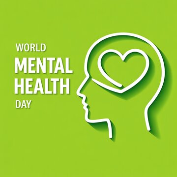 World mental health day banner with white outline human head profile and heart symbol on green background for awareness campaign poster design and social media graphic template web.