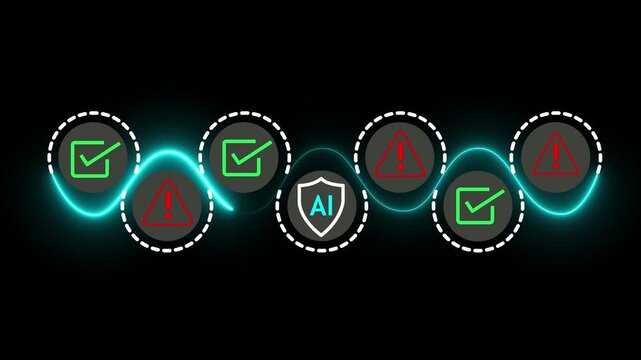 AI Safety and Ethics Concept on the black background. Ethical guidelines and safety protocols in artificial intelligence systems. Motion graphics of security warning signs, and checkmarks. 4k video.