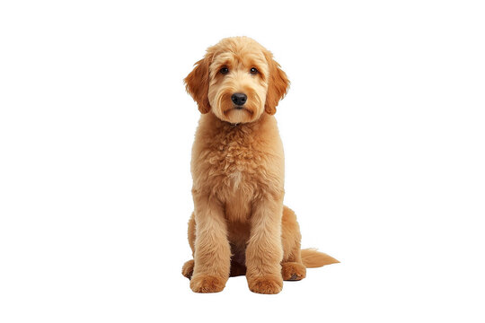 Goldendoodle puppy sitting looking at camera with transparent background