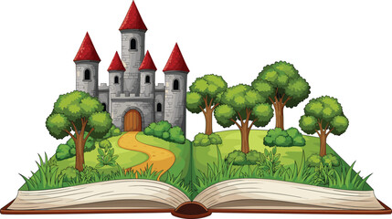 Vector illustration of an open pop-up storybook featuring a classic stone castle with red turrets and a lush green forest for literacy education and fantasy storytelling. © MDFiroj