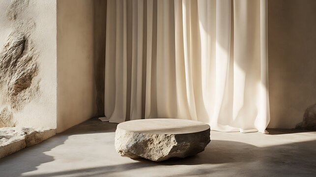 Minimalist Round Stone Block in Textured Interior with Soft Drapes and Sunlight