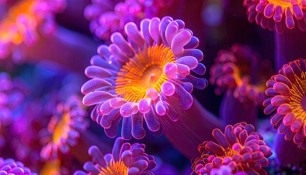 Vibrant close-up of marine polyps with a stunning array of purple and orange