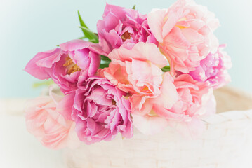 Fototapeta premium spring greeting background with pink and purple flowers. Romantic spring floral composition perfect for Mothers Day, greeting cards, weddings, and feminine design themes.