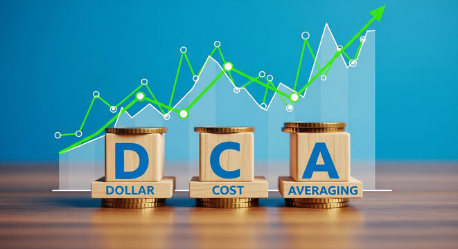 3D dollar cost averaging concept with rising financial graph and gold coins on wooden table