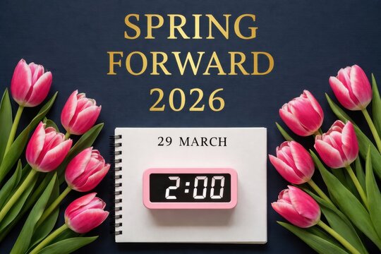  Spring Forward 2026 daylight saving time concept. Clocks go forward in Europe and UK on 29 March. Digital clock with pink tulips flat lay.