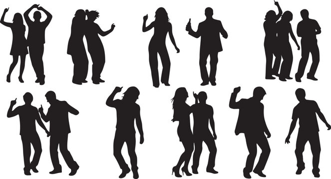 Silhouettes of people dancing and having fun together outdoors