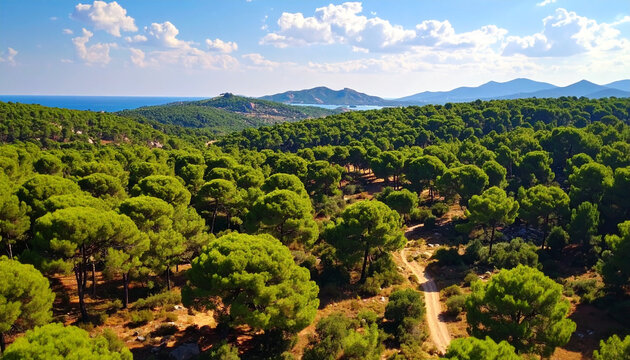 Lush Pine Forest Rolling Hills Along Coastal Landscape