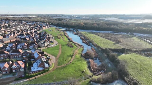 Aerial view of Barton Seagrave river meander and housing with green spaces Northamptonshire England