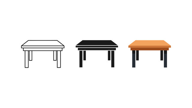 three minimalist wooden tables in black and orange flat design vector illustration