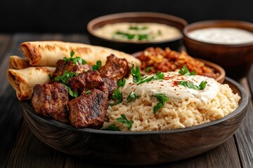 Fototapeta premium Traditional Ramadan Iftar dishes served on a wooden table