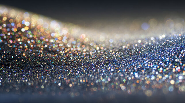 Sparkling and colorful shimmering particles creating an abstract glittering texture with a soft focus and dazzling light reflections in various hues