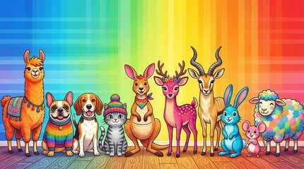 Fototapeta premium diferent animals as people in row, vibrant color, diversity and inclusion, world animal day concept