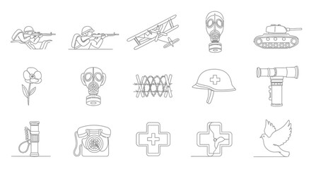 World War 1 Icons: Soldiers, Tank, Plane, Gas Mask, Medical Symbols, Dove © punduh