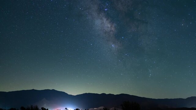 Astrophotography Milky Way Galaxy 35mm Southeast Sky Tilt Up Over Sierra Nevada Mts California USA Time Lapse