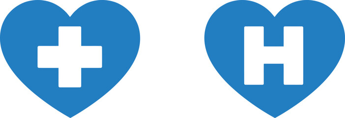 Fototapeta premium Medical icons, healthcare symbols, blue heart shapes, plus sign, letter H