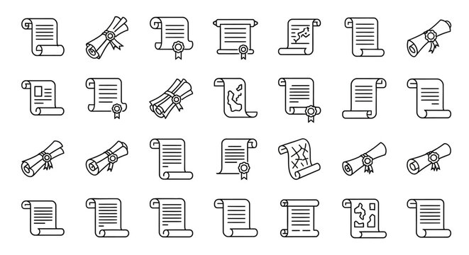 Scrolls and Documents Icons Set: Certificates, Maps, Legal Papers, Scrolls